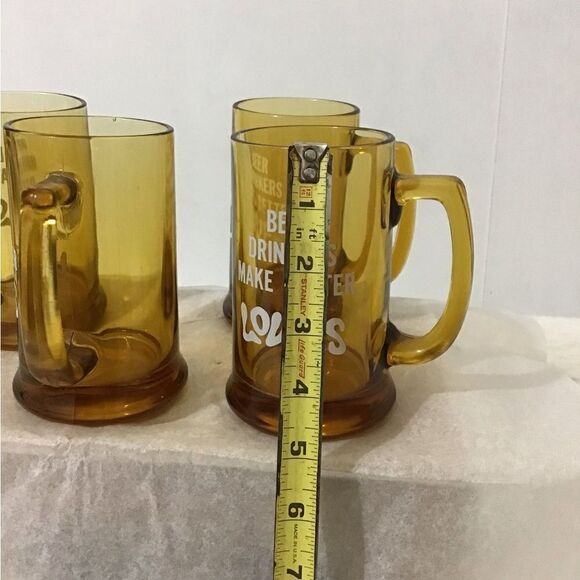 4 Glass Vintage MCM Amber Mugs 4 Piece Set “Beer Drinkers Make Better Lovers” - Picture 7 of 7